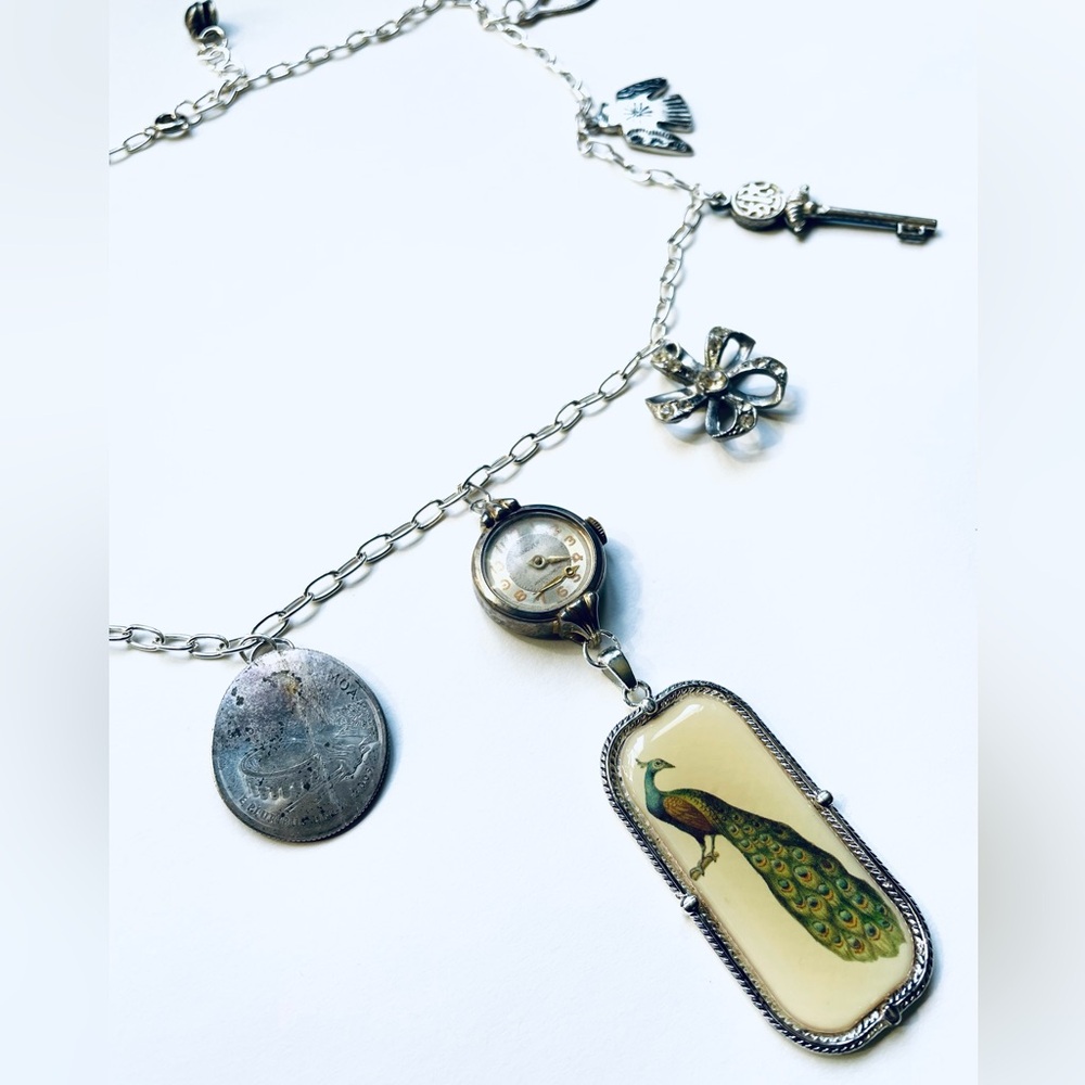 Silver Found Object Charm Necklace With Peacock Charm - Picture 6 of 6